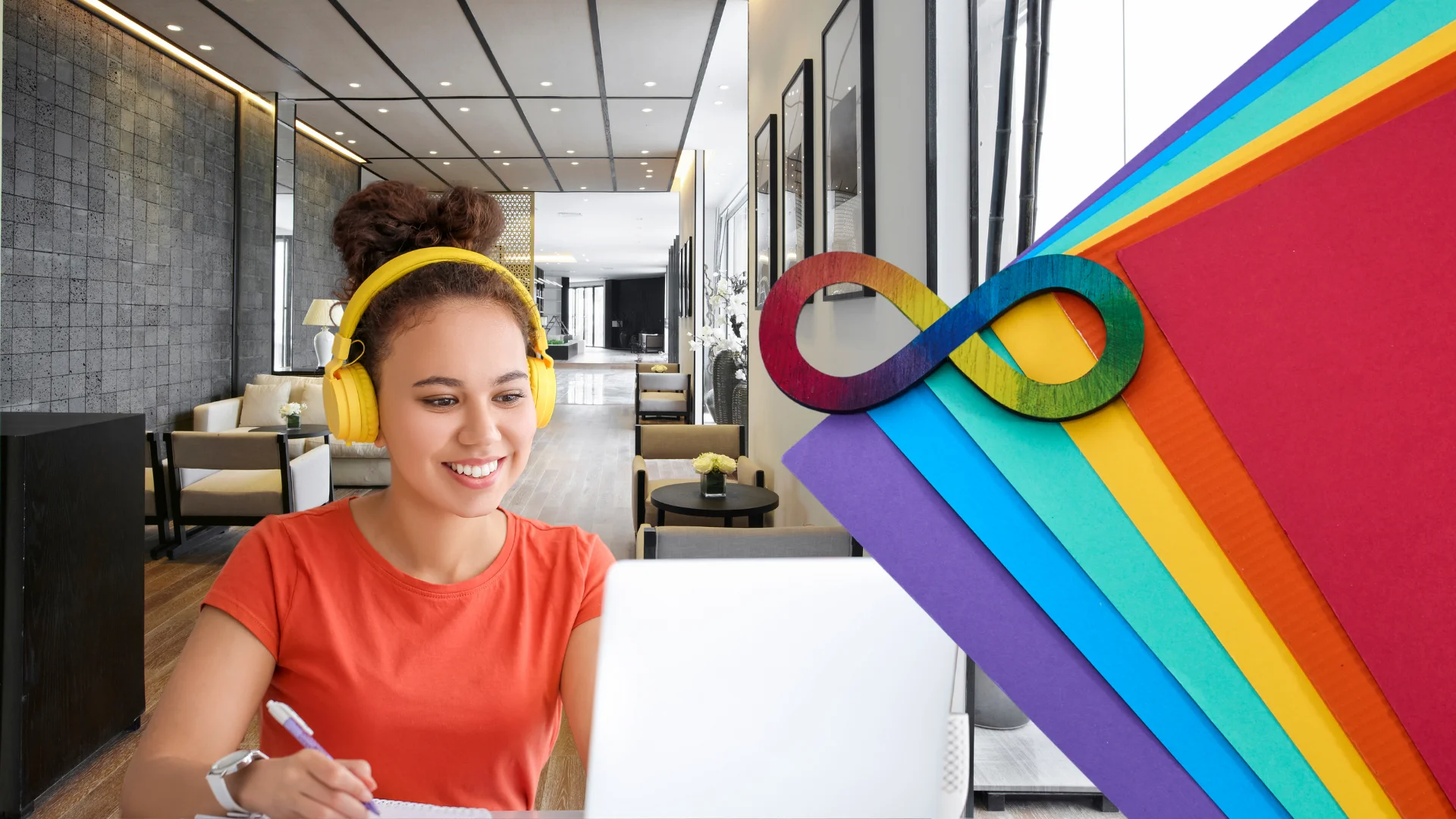 women working with headphones and autism symbol